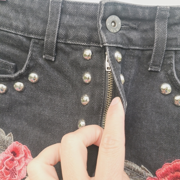 CARMAR rose embroidered silver studded frayed black denim mini skirt - Picture 7 of 11